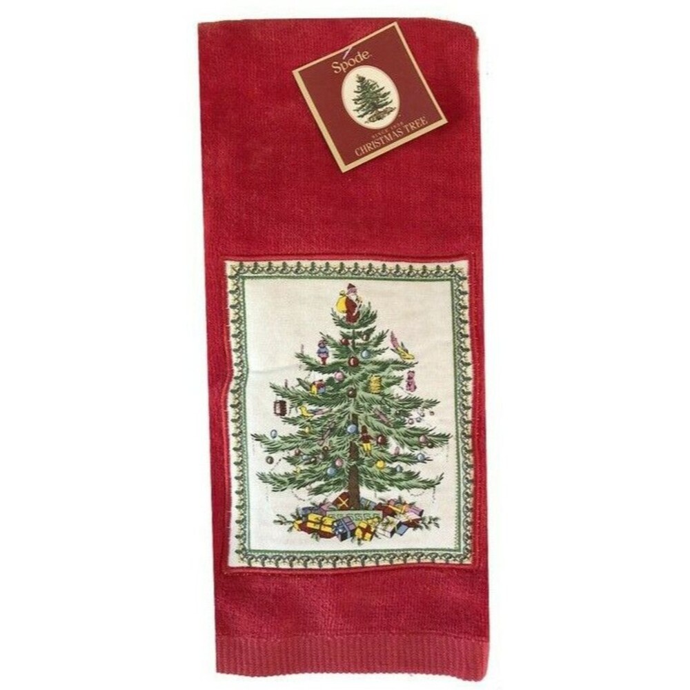 Christmas Tree Spode Kitchen Dish Towels Red Appliqued 100% Cotton Set of 2